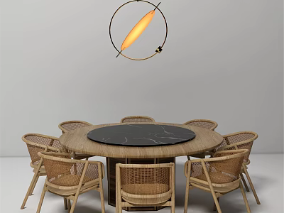 Round Dining Table Set with Black Marble Top and Woven Rattan Chairs Featuring Pendant Light 3d model