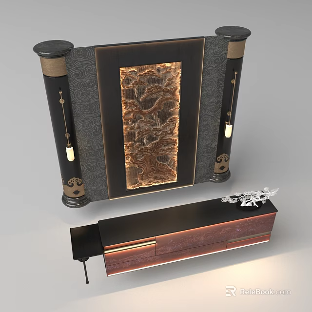 Chinese Style Reception Desk With Carved Landscape Art Decorative Columns And Ornament 3d model 