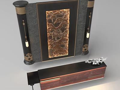 Chinese Style Reception Desk With Carved Landscape Art Decorative Columns And Ornament 3d model