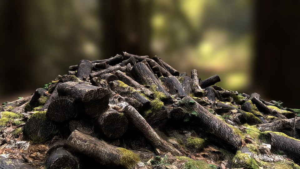 Natural Forest Scene with Moss Covered Wood Logs Stacked in Pile 3d model 