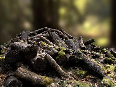 Natural Forest Scene with Moss Covered Wood Logs Stacked in Pile 3d model