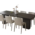 Modern Dark Wooden Dining Table With Six Light Minimalist Chairs White Vase And Green Fruit