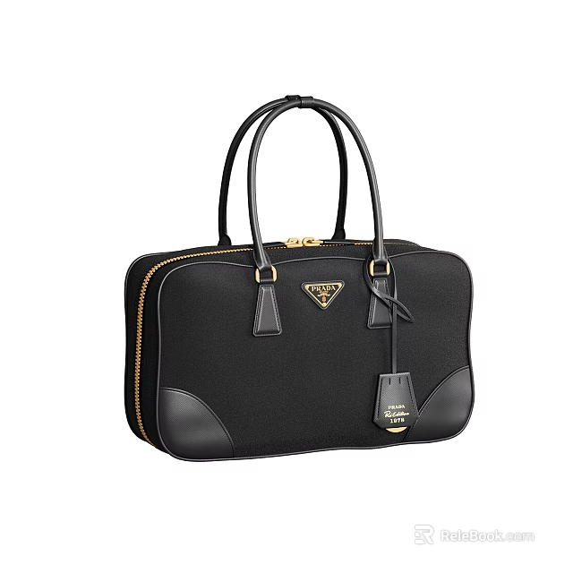 Black Leather Handbag with Twin Handles Triangular Logo Gold Metal Hardware and Zipper Closure 3d model 