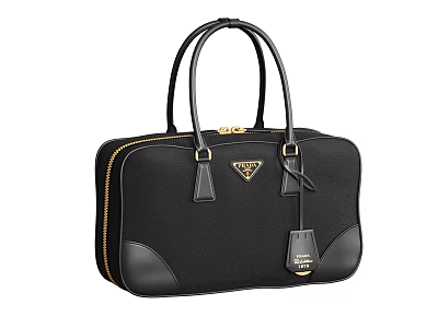 Black Leather Handbag with Twin Handles Triangular Logo Gold Metal Hardware and Zipper Closure 3d model