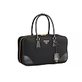 Black Leather Handbag with Twin Handles Triangular Logo Gold Metal Hardware and Zipper Closure