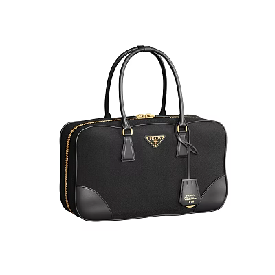Black Leather Handbag with Twin Handles Triangular Logo Gold Metal Hardware and Zipper Closure 3d model