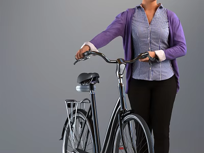 Woman Standing With Bicycle In Purple Cardigan And Striped Shirt 3d model
