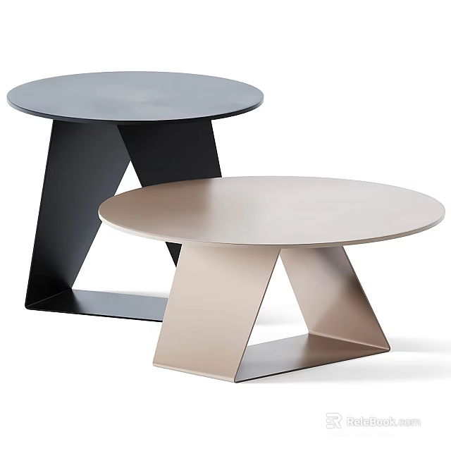 Two Modern Side Tables with Black and Beige Geometric Base and Round Smooth Top 3d model 