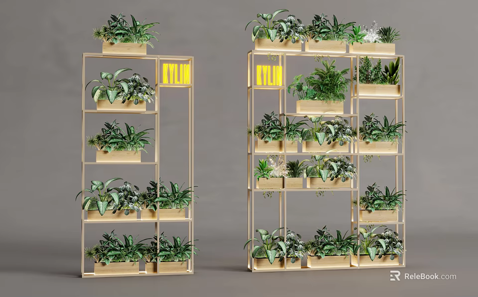 Indoor Decorative Green Plant Partition With Multi Layered Golden Frame Design 3d model 