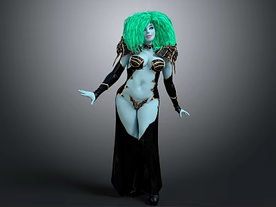 Green Haired Blue Skinned Fantasy Character Standing In Black Long Dress With Metallic Armor 3d model