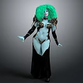 Green Haired Blue Skinned Fantasy Character Standing In Black Long Dress With Metallic Armor