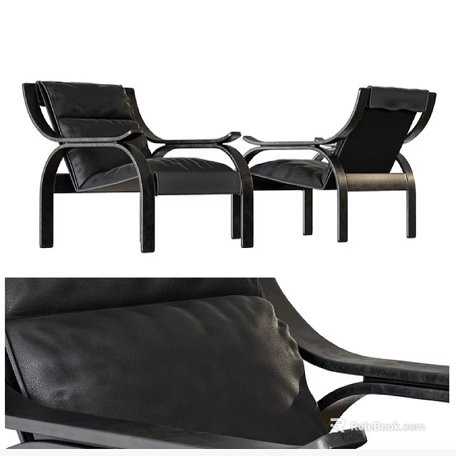 Two Modern Black Leather Lounge Chairs With Metal Frame Design 3d model 