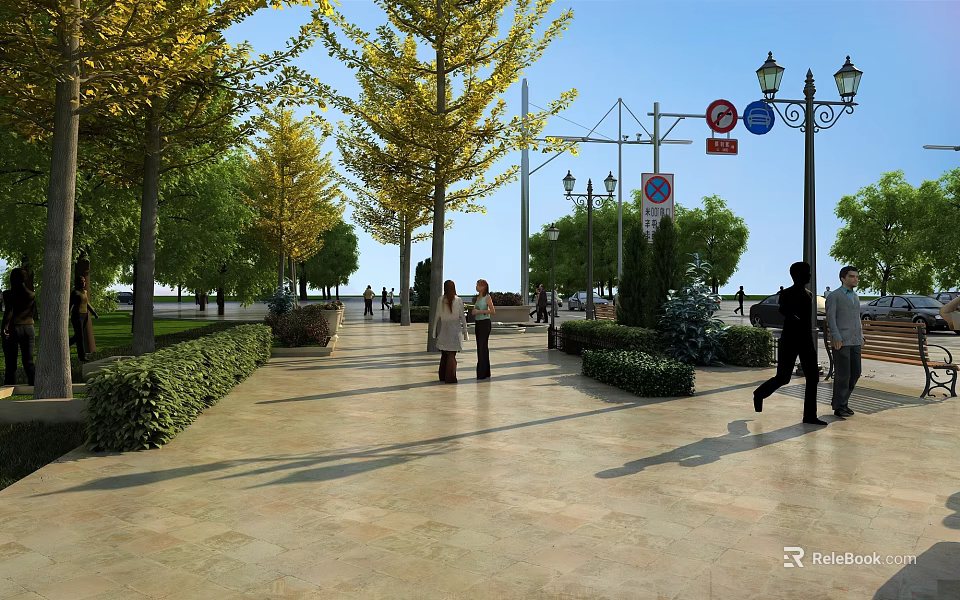 Well Designed Road Facilities With Street Lamps Traffic Signs And Green Hedges Along Paved Sidewalk 3d model 
