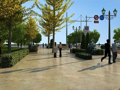 Well Designed Road Facilities With Street Lamps Traffic Signs And Green Hedges Along Paved Sidewalk 3d model