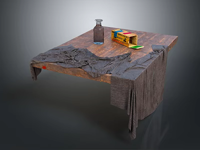 Rustic Wooden Table With Gray Cloth Bottle And Colorful Box On Top 3d model