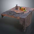 Rustic Wooden Table With Gray Cloth Bottle And Colorful Box On Top