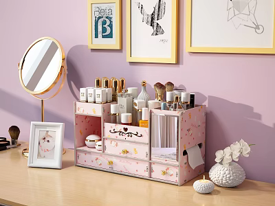 Pink Floral Perfume Cosmetics Storage Organizer with Mirror and Makeup Brushes on Vanity Table 3d model