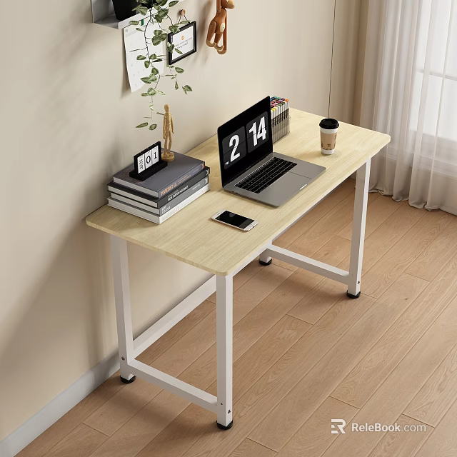 Home Office Light Wood Desk With Laptop Books Alarm Clock Coffee Cup And Smartphone 3d model 