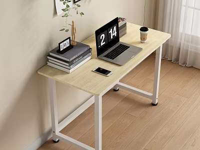 Home Office Light Wood Desk With Laptop Books Alarm Clock Coffee Cup And Smartphone 3d model