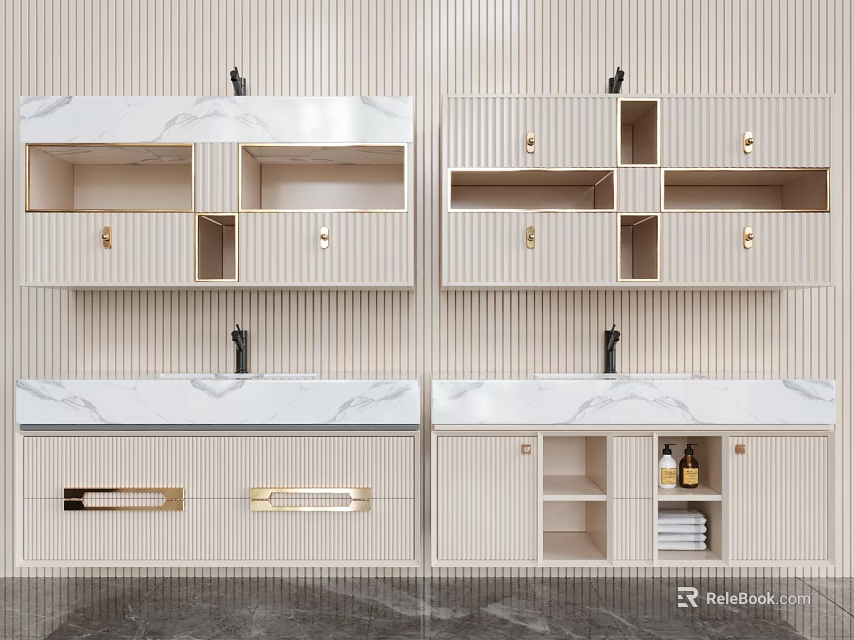 Modern Bathroom Vanity with Marble Countertop Beige Cabinets Wall-Mounted Design Open Shelves Gold Handles 3d model 