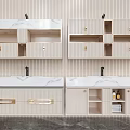 Modern Bathroom Vanity with Marble Countertop Beige Cabinets Wall-Mounted Design Open Shelves Gold Handles