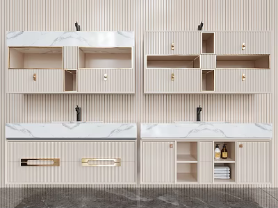 Modern Bathroom Vanity with Marble Countertop Beige Cabinets Wall-Mounted Design Open Shelves Gold Handles 3d model