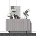 Modern Minimalist Entryway Console Table With Linear Design Table Lamp Flower Vase And Artwork