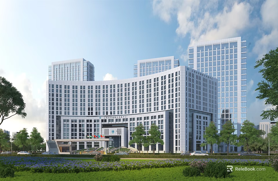 Modern Office Building Complex With Glass Curtain Walls Greenery And Lawn Under Blue Sky 3d model 