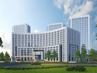 Modern Office Building Complex With Glass Curtain Walls Greenery And Lawn Under Blue Sky 3d model