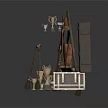 Ancient Wooden Catapult Model With Frame Launch Arm And Stone Projectile