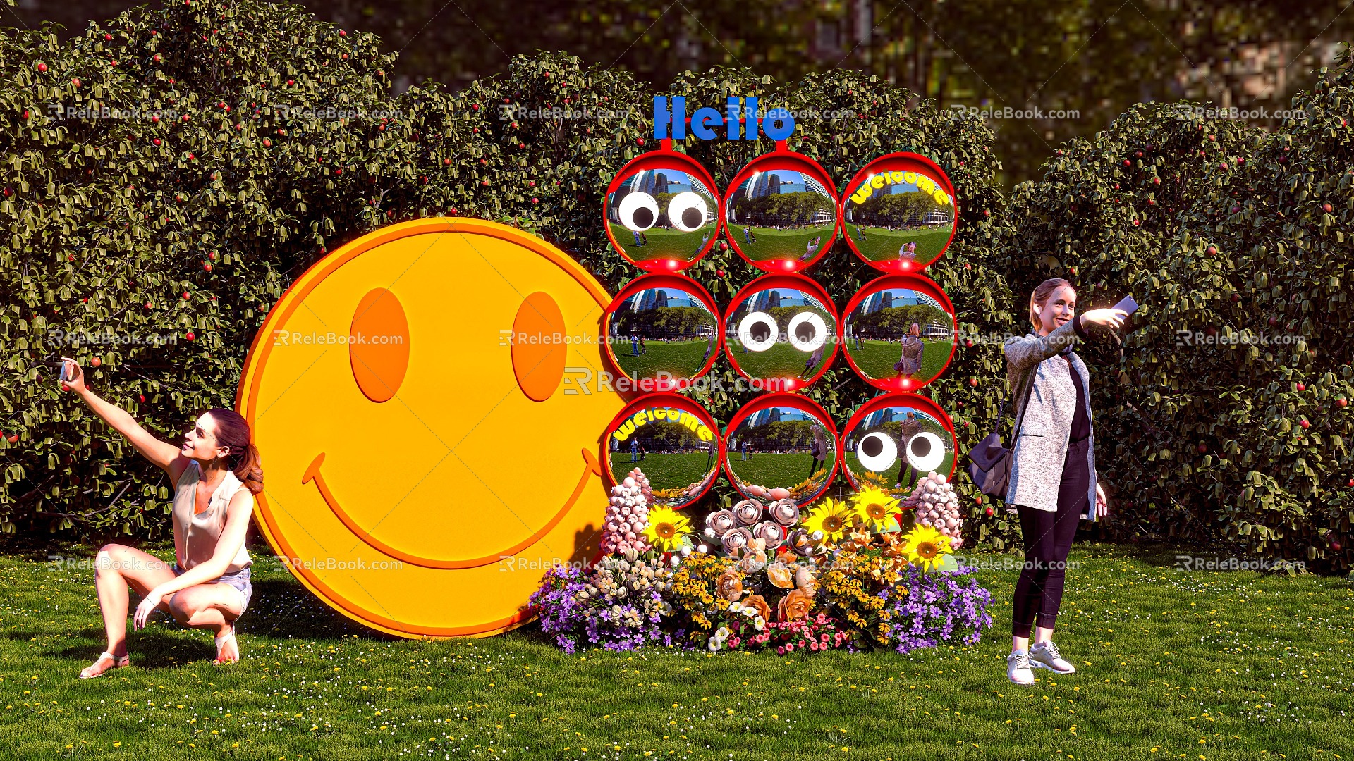 Smiling face corner mirror beautiful Chen flowers beautiful Chen wedding decoration clock area mirror turning mirror flower eyes figure environment art beautiful Chen exhibition 3d model