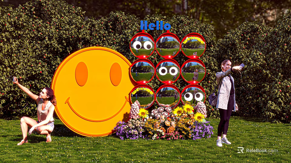 Giant Yellow Smiley Face Photo Spot with Red Framed Round Mirrors Hello Sign and Flowers 3d model 