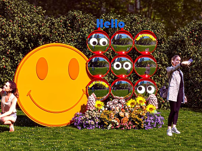Giant Yellow Smiley Face Photo Spot with Red Framed Round Mirrors Hello Sign and Flowers 3d model