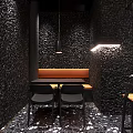 Modern Restaurant Interior Design With Black Walls Neon Signs Orange Chairs And Black Tables