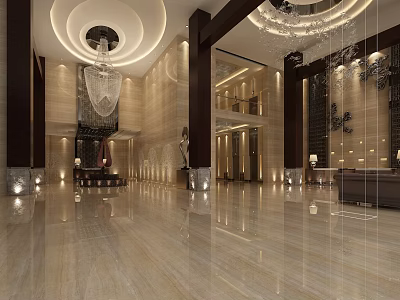Luxurious Hotel Lobby Featuring Marble Floor Crystal Chandeliers And Decorative Columns 3d model