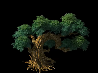 Cartoon Scene Featuring Lush Green Foliage On Thick Brown Trunk With Exposed Roots 3d model