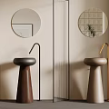Sleek Modern Pedestal Washbasin Design With Round Mirror Metal Faucet And Wooden Base