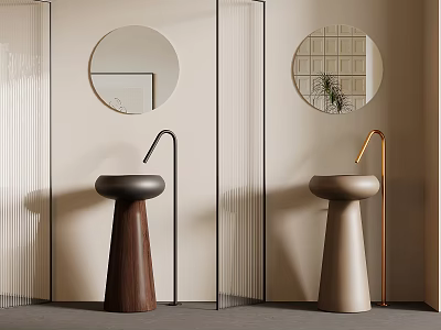 Sleek Modern Pedestal Washbasin Design With Round Mirror Metal Faucet And Wooden Base 3d model