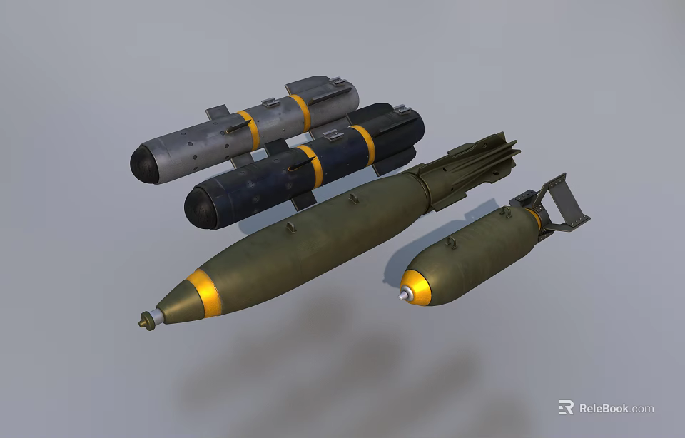 Military Weapons Collection Featuring Green Yellow Striped and Black Bombs Designs 3d model 