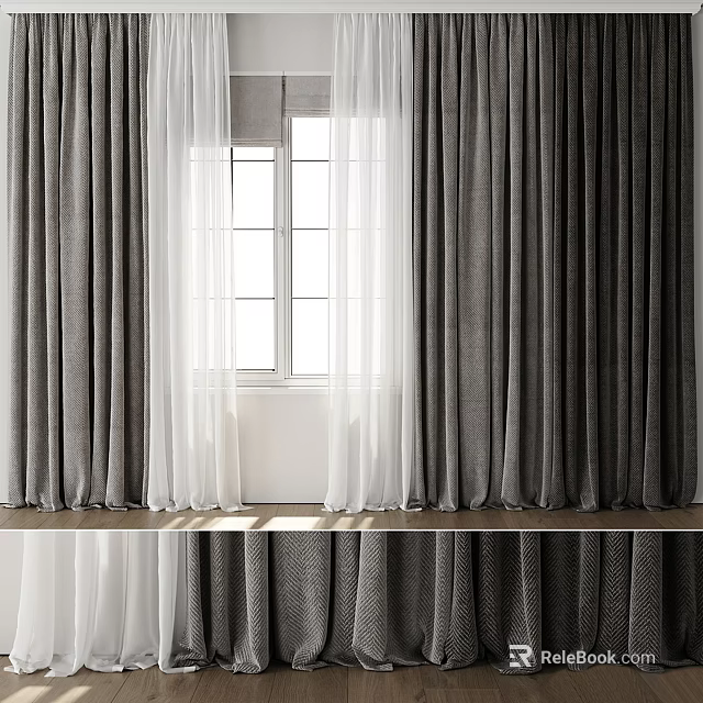 Gray and White Modern Curtains with Sheer Layers and Window Natural Light 3d model 