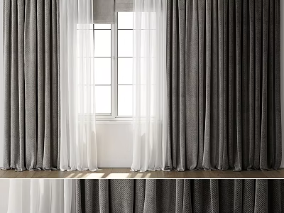 Gray and White Modern Curtains with Sheer Layers and Window Natural Light 3d model