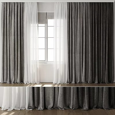 Gray and White Modern Curtains with Sheer Layers and Window Natural Light 3d model