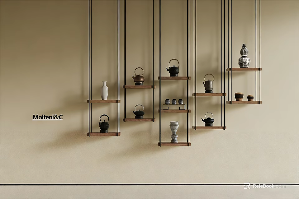 Stylish Etagere With Metal Frame Wooden Shelves Displaying Vases Teapots And Cups 3d model 