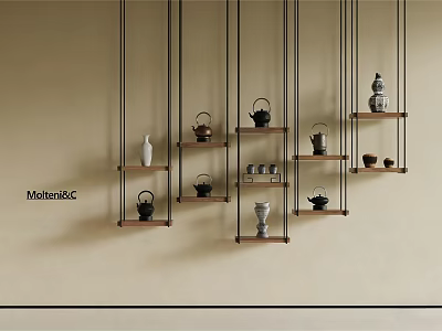 Stylish Etagere With Metal Frame Wooden Shelves Displaying Vases Teapots And Cups 3d model