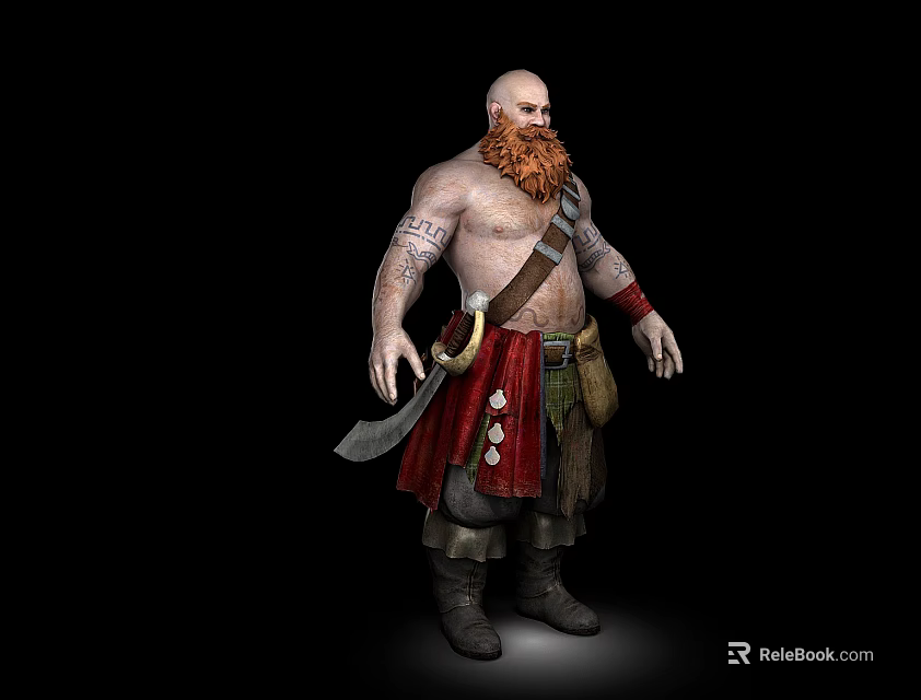 Game Movie Character Bald Warrior With Red Beard Arm Tattoos And Sword 3d model 