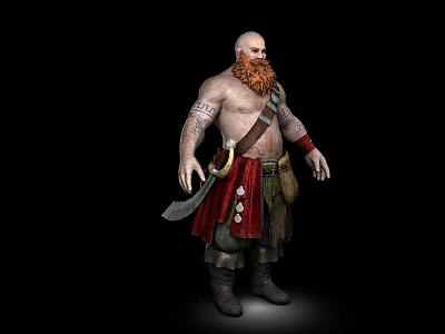 Game Movie Character Bald Warrior With Red Beard Arm Tattoos And Sword 3d model