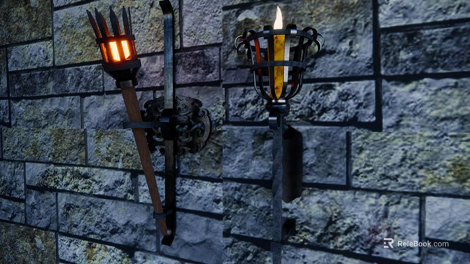 Medieval Style Wall Lamps with Flaming Torch and Candle Design on Stone Wall 3d model 