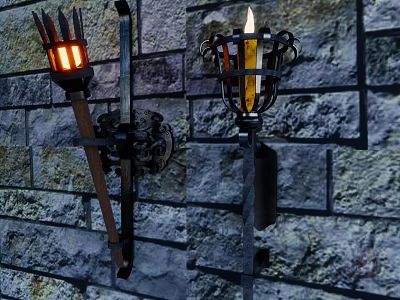 Medieval Style Wall Lamps with Flaming Torch and Candle Design on Stone Wall 3d model