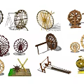 Various Traditional Garden Ornaments Including Water Wheels Windmills And Wooden Pavilions