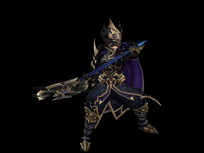 Game Movie Character In Ornate Armor Wielding Blue Spear With Purple Cloak 3d model